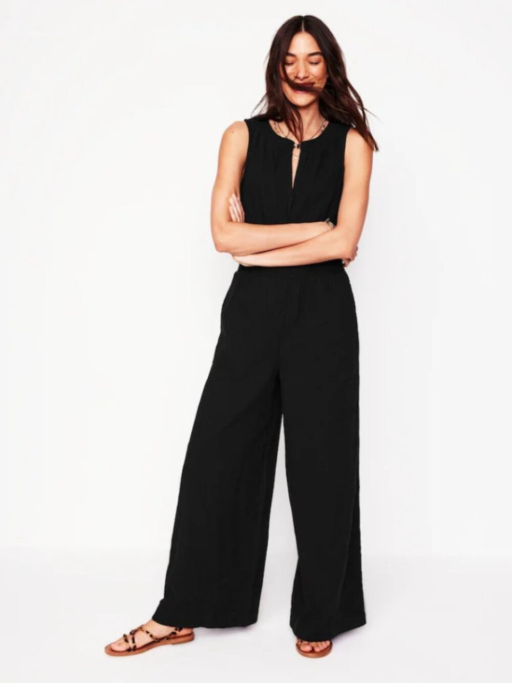 Boden Black Smocked Double Cloth Sleeveless Wide Leg Jumpsuit size 12P